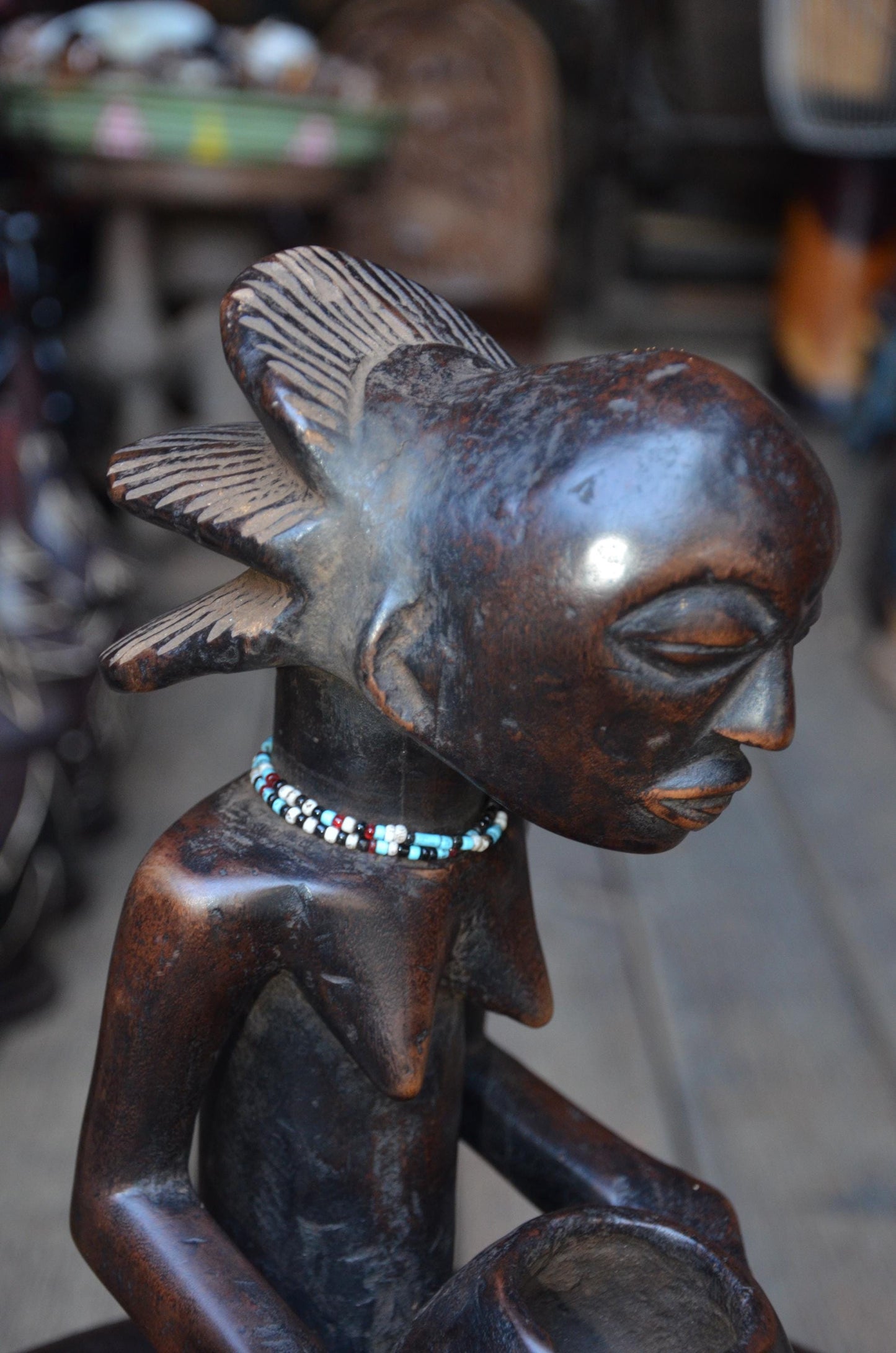Authentic Luba Bowl-Bearer Statue - 14" Hand-Carved Wood Mboko Female Ancestor Sculpture, Devotional Figure with Bead Accent.