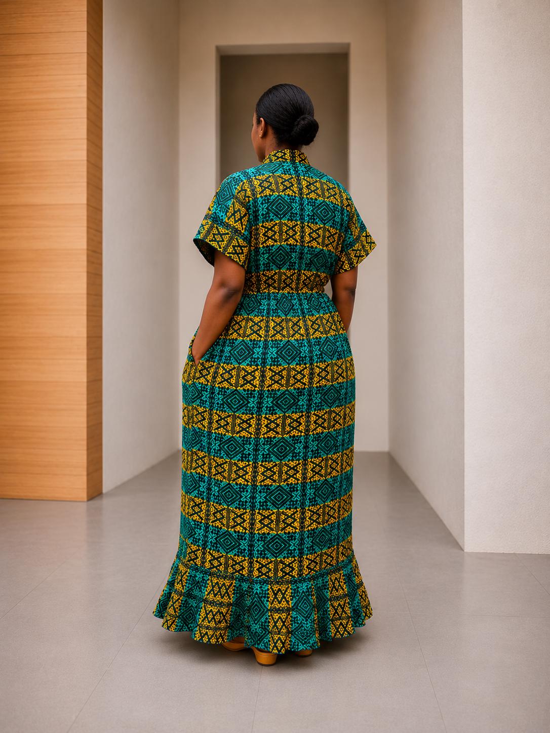 Cinched Ankara Maxi Gown | Elastic Waist Kaftan Dress, Smocked Bubu