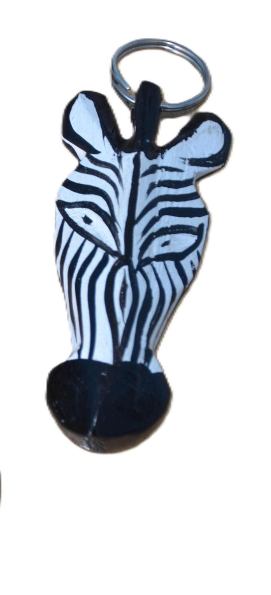 Zebra Head Wooden Keyholder, Handmade African Carved Wood Safari Animal Keyring