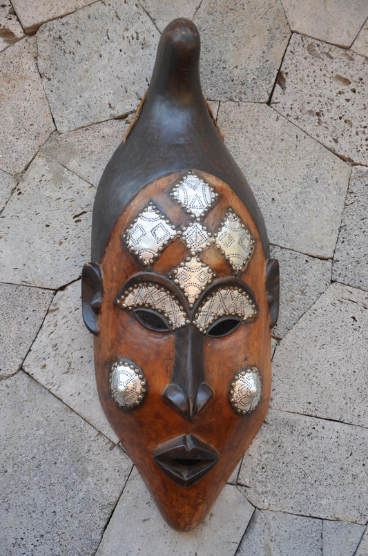 Marka African Mask – 35" Large Hand-Carved Wood & Brass Mask – Mali Wall Art.