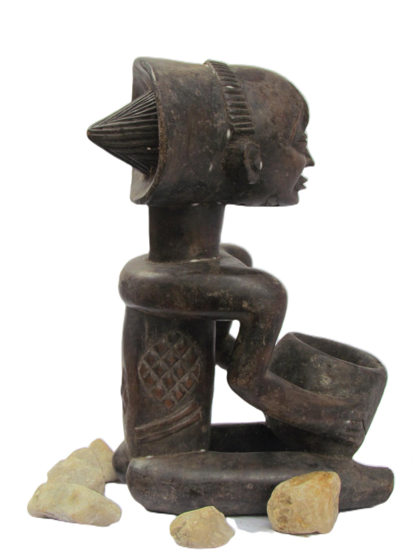 Statue de devineresse Luba – Art tribal africain du Congo et de Zambie | Figurine rituelle en bois sculptée à la main avec bol