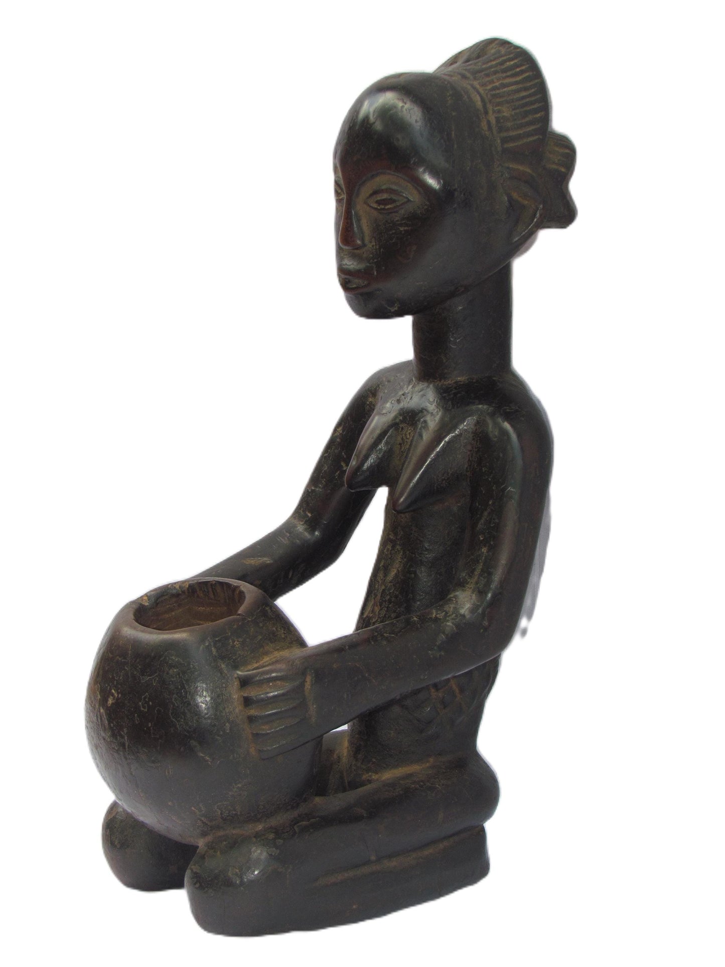Statue africaine en bois de la tribu Luba du Congo, femme porteuse de bol.