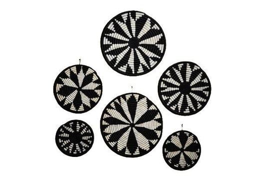 Set of 6 Handwoven Round Wall Baskets – Black & White Floral Sisal Decor (1 Set)