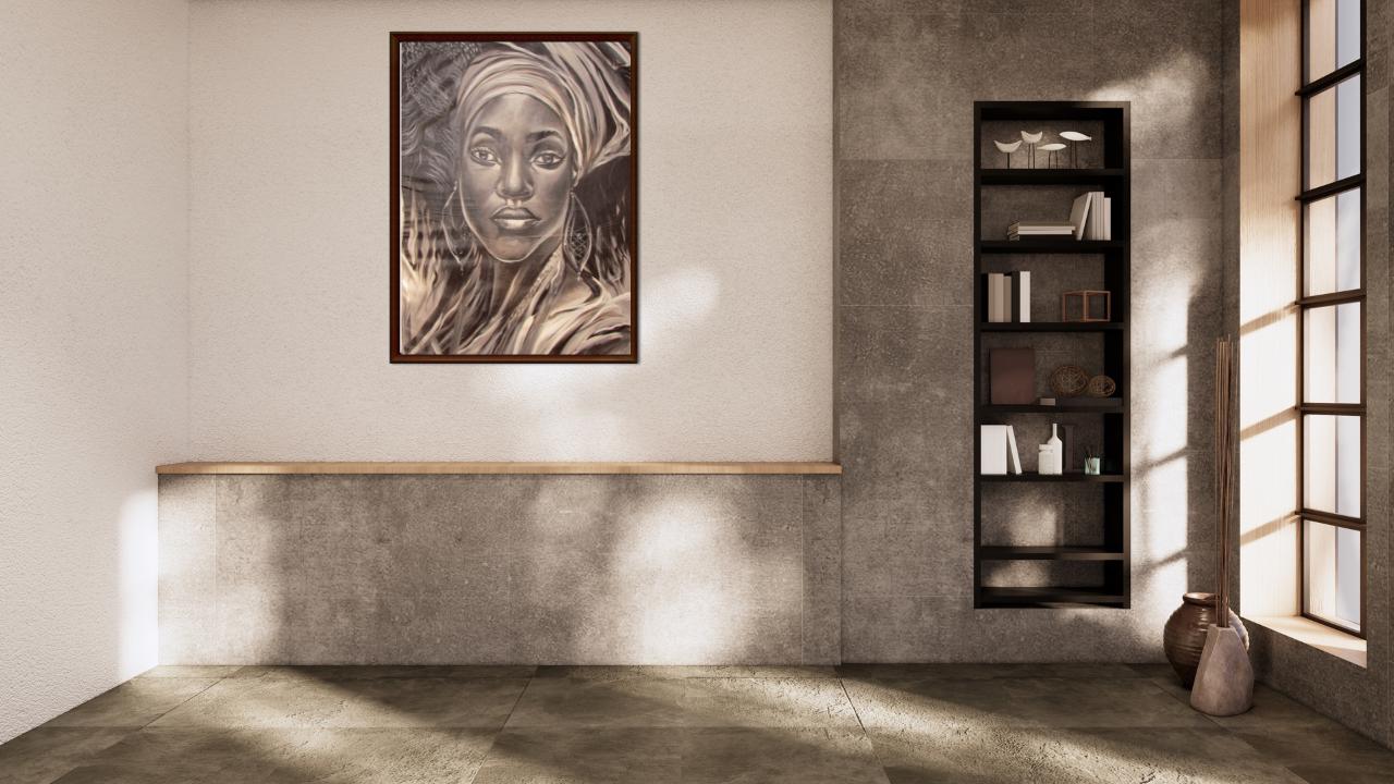 Toile murale représentant une femme africaine | Portrait abstrait de femme noire | Grande décoration murale moderne pour salon ou chambre