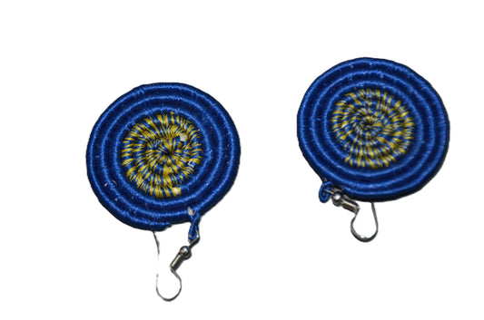 Blue Yellow Sisal Rwandan Earrings, Handmade Woven African Basketry Jewelry, Boho Tribal Fiber Art