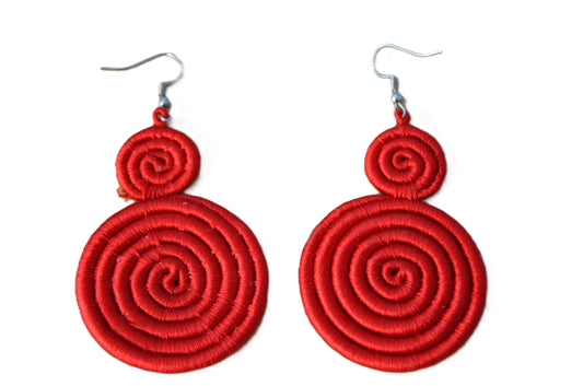 Red Sisal Rwandan Earrings, Handmade African Woven Fiber Jewelry, Bold Boho Statement Drop Earrings