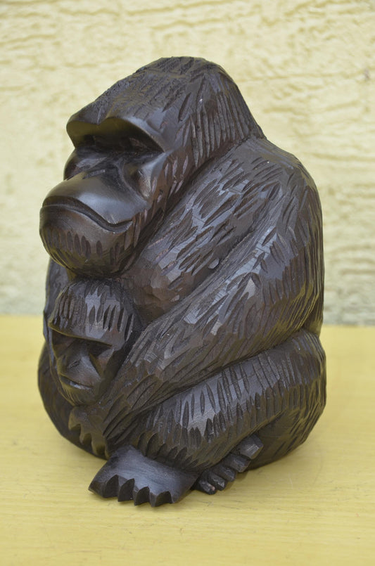 Hand Carved Wooden Mother and Baby Gorilla | Wildlife Art