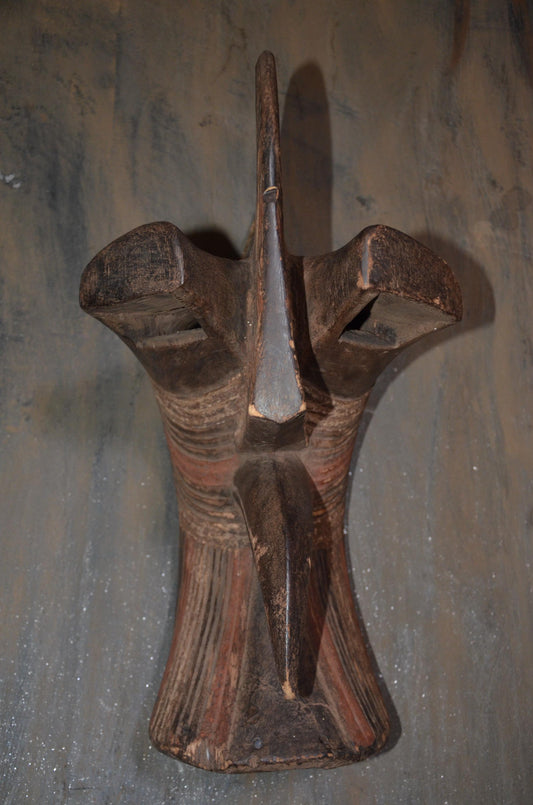 Authentic Songye Kifwebe Male Mask - 20" Hand-Carved Wood Striated African Mask, High-Relief Sagittal Crest.