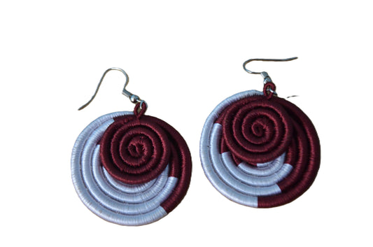 White and Burgundy Red Sisal Rwandan Earrings, Handmade Woven African Basketry Jewelry, Boho Fiber