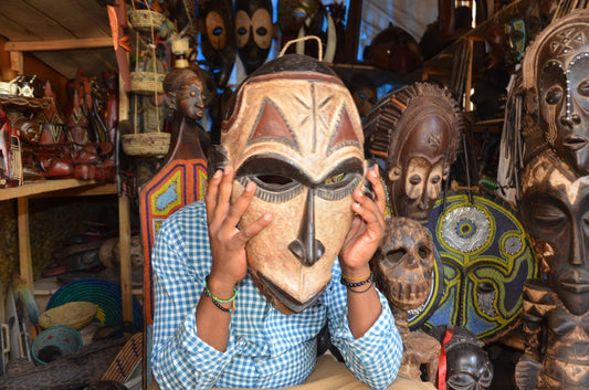 Yaka Mask with Chokwe Influence - 12" Authentic Congo Wood Carving, Polychrome Geometric Face Mask, High-End African Tribal Wall Sculpture.