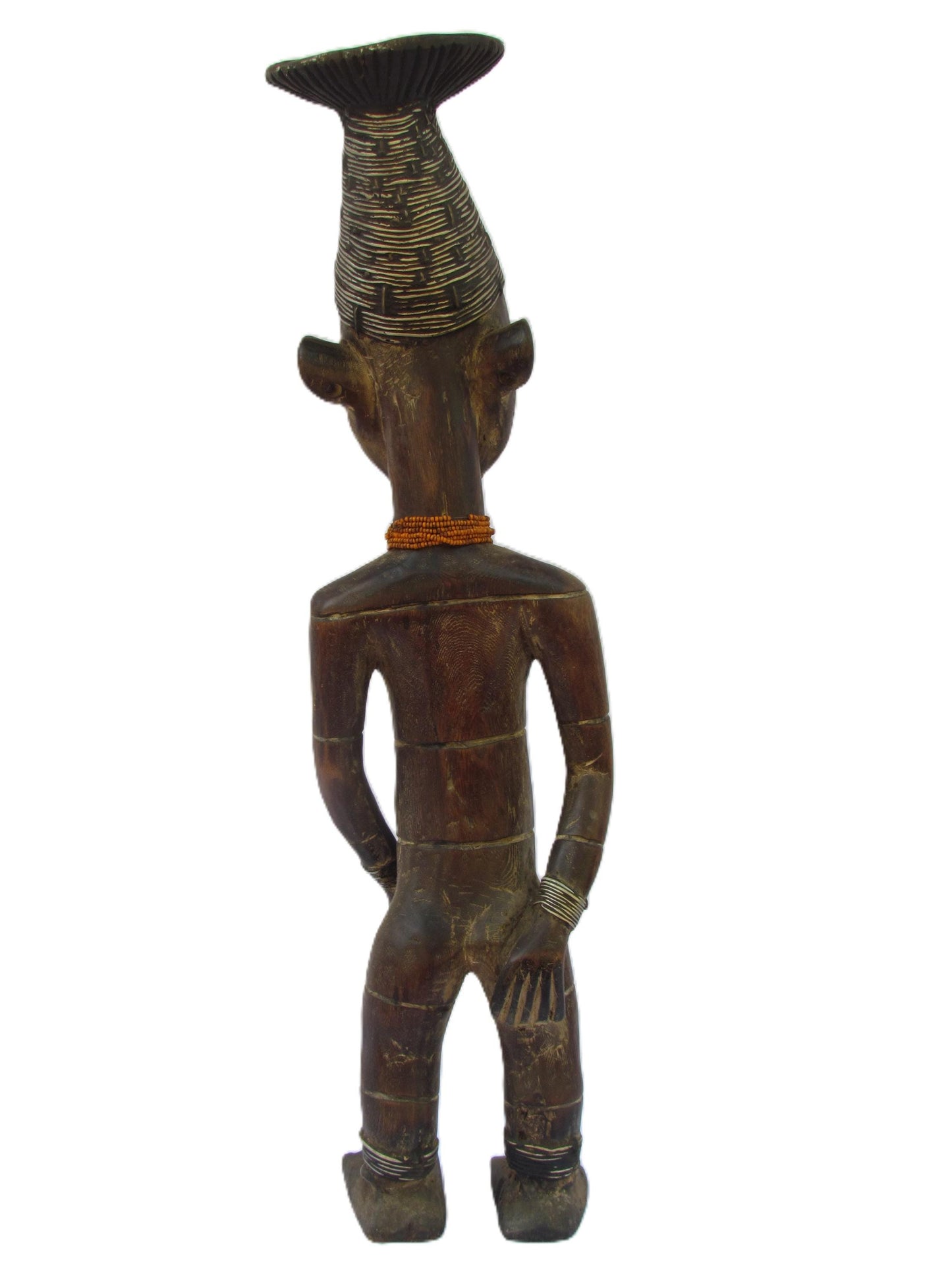Une belle figure féminine debout Mangbetu en bois avec un cou rouge frappant de l'art africain du Congo.