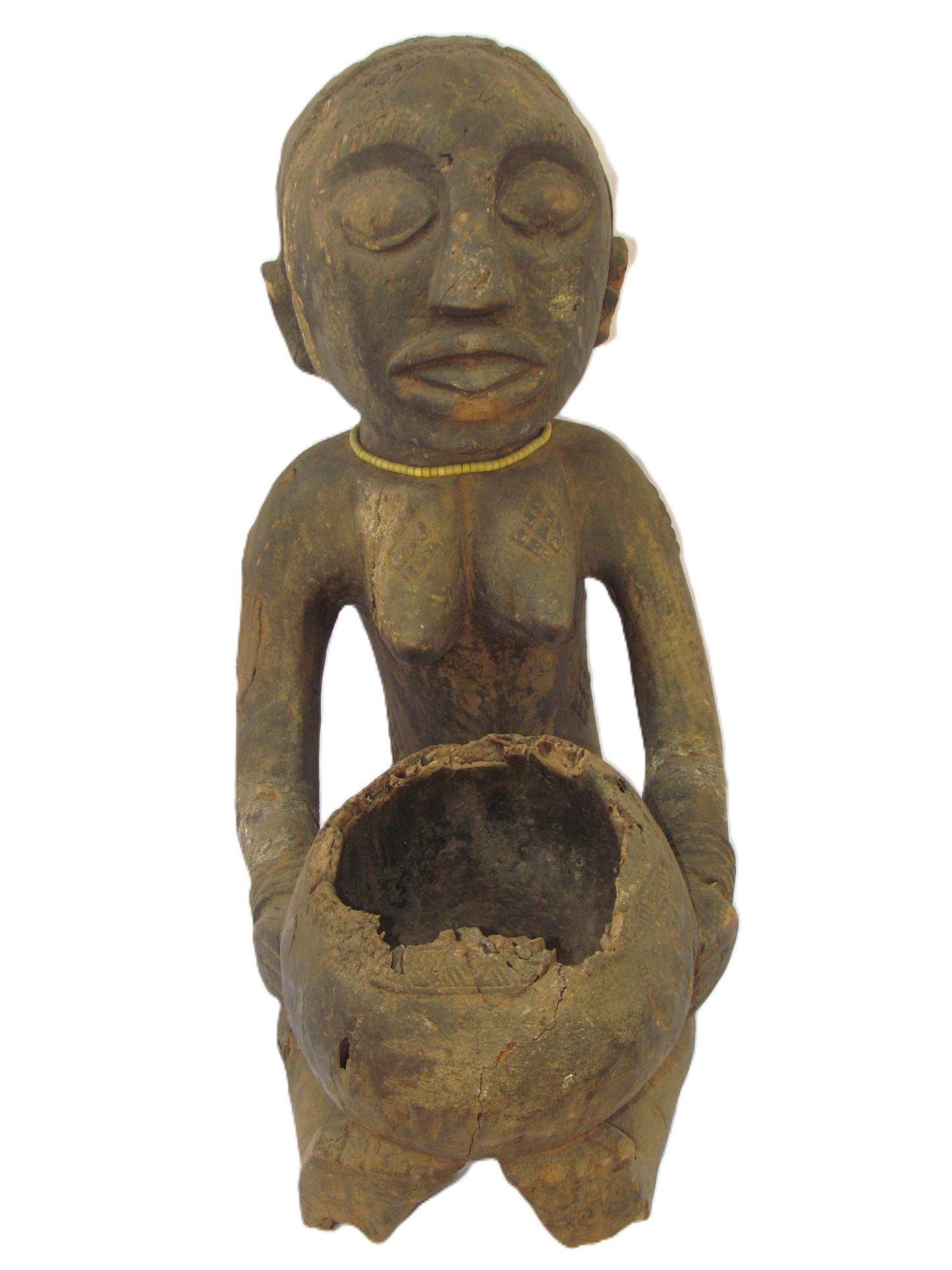 Ancienne porteuse de bol assise (Mboko) Luba, République démocratique du Congo Bois,