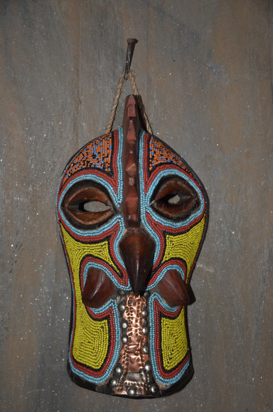 Beaded Rooster Mask – 12" Hand-Carved Wood Tribal Bird Mask – Wall Decor.