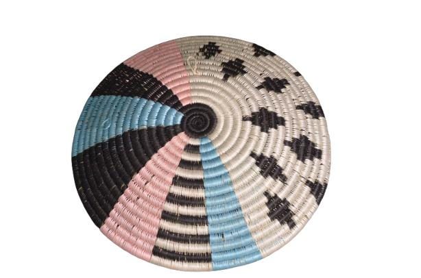 Medium Handwoven Wall Basket – White, Blue, Black & Pink Sisal Decor (Rwanda Handmade)