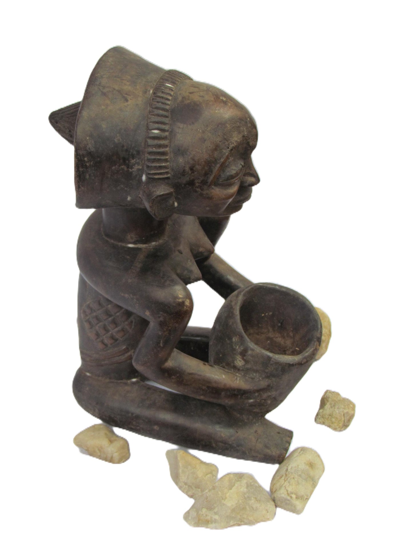 Statue de devineresse Luba – Art tribal africain du Congo et de Zambie | Figurine rituelle en bois sculptée à la main avec bol