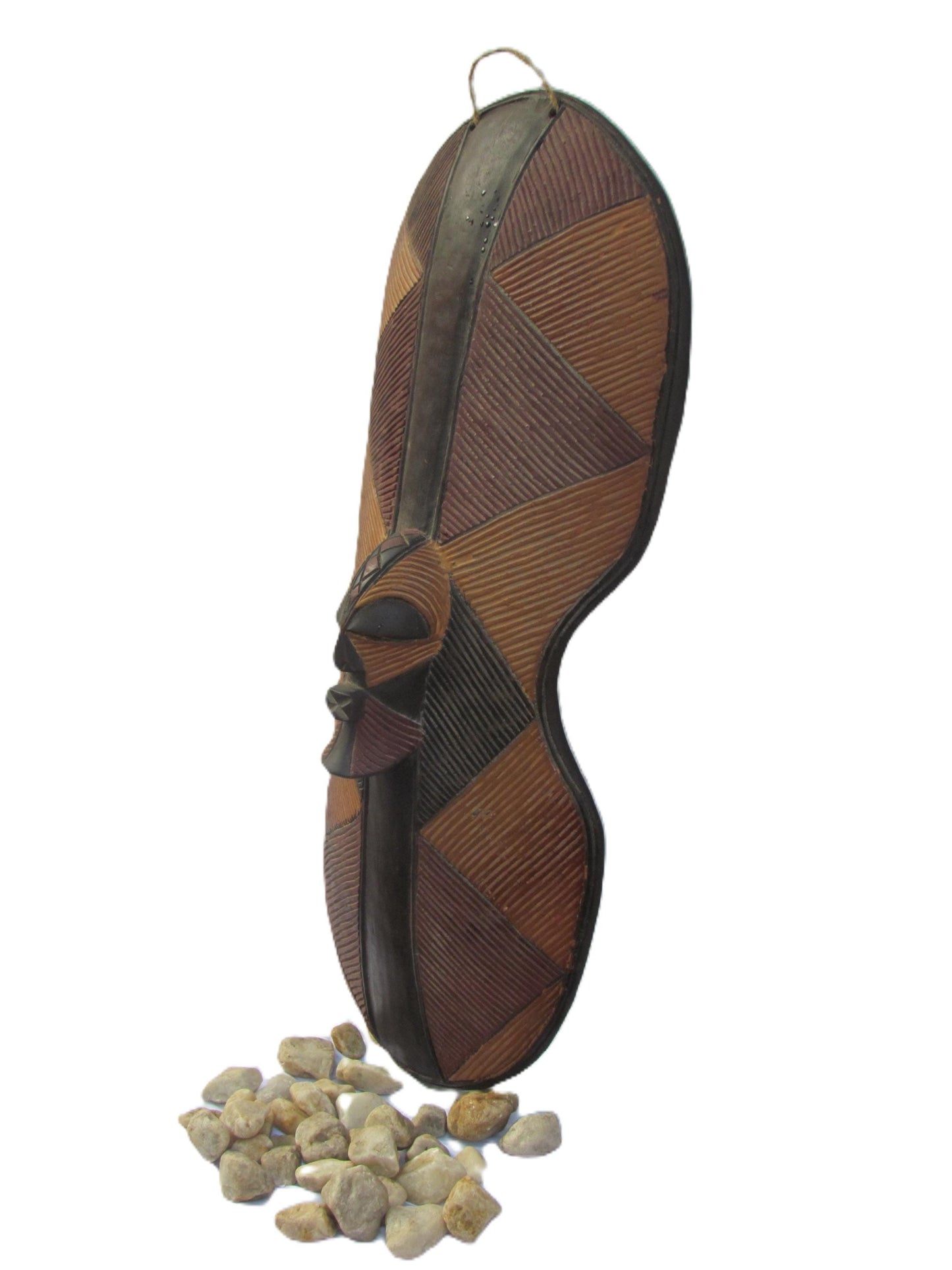 African Songye Shield with Mask Icon – Carved Wood Ritual Wall Art – Congo Tribal Decor