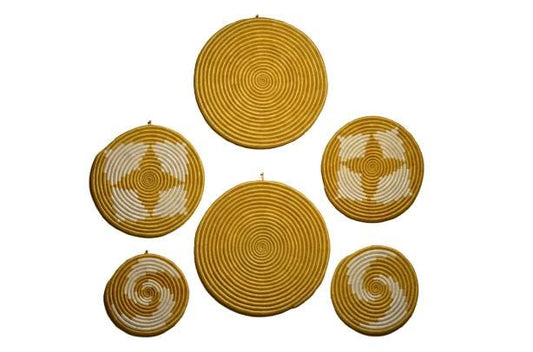 Set of 6 Handwoven Round Wall Baskets – Gold & White Floral Sisal Decor