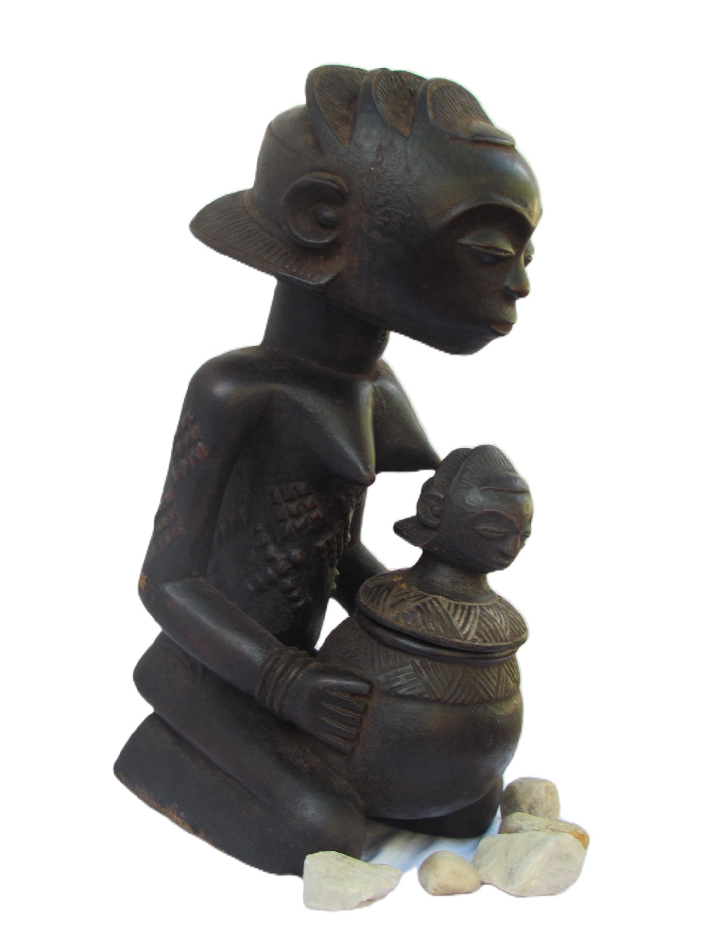 Statue de femme Luba porteuse de bol – Art tribal africain en bois du Congo – Sculpture rituelle sculptée à la main vintage des années 1980