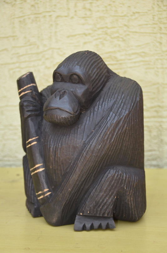 Hand Carved Wooden Gorilla with Bamboo | Wildlife Art