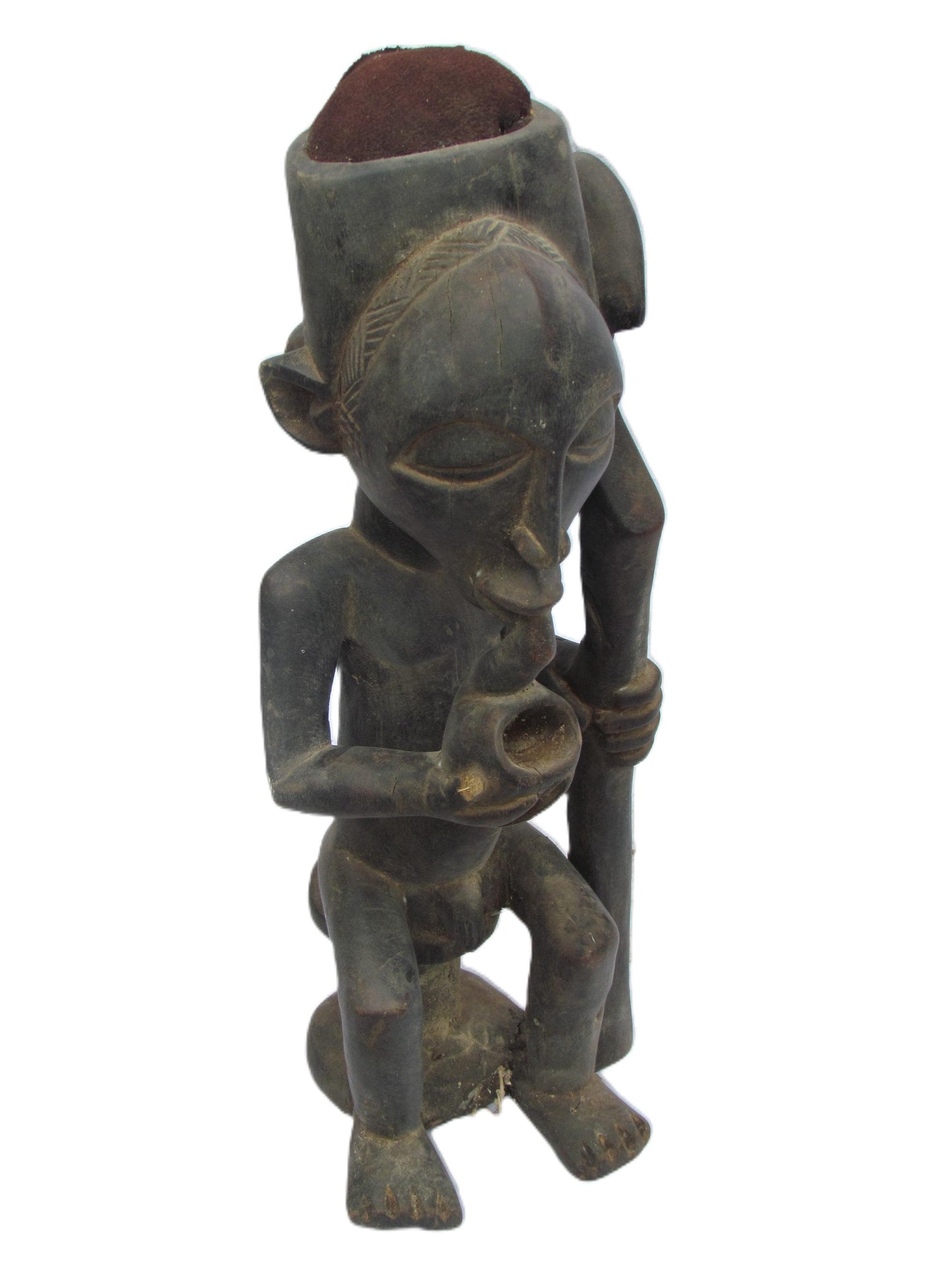 Vintage Lulua "Smoking Man" Mask – 23" Congo Wood Sculpture – African Tribal Art