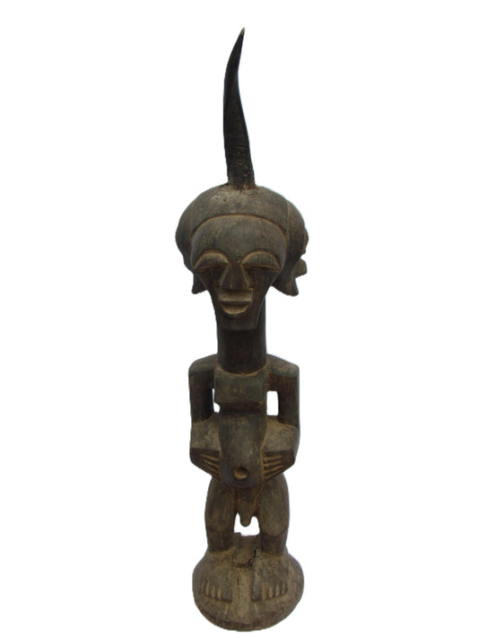 Songye Male Figure | Four Faces Carved Wood Statue | Congo Vigilant Power Art