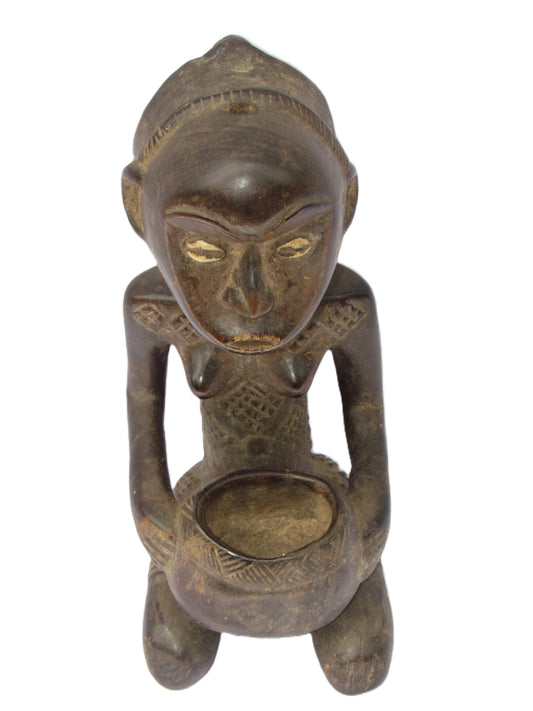 Luba Mboko Bowl Bearer | Hand-Carved Wood Statue | Congo Sacred Royalty Art