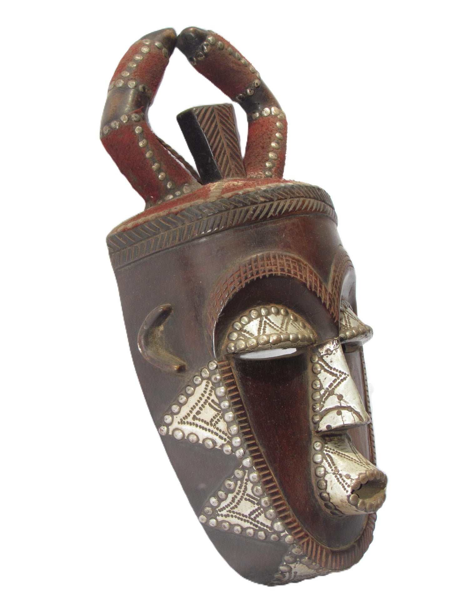 Antique Ngata Tribal Casque Mask – 19" Wood & Metal Helmet – Rare Congolese Art