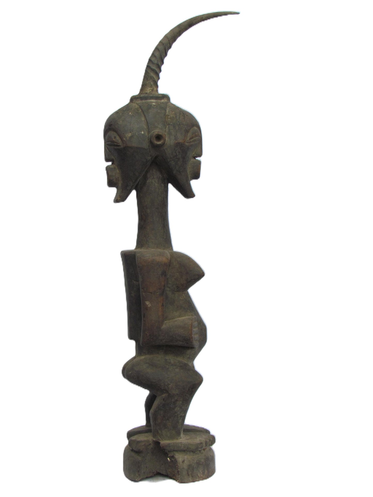 Songye Male Figure | Four Faces Carved Wood Statue | Congo Vigilant Power Art