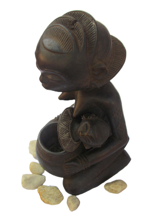 Luba Female Bowl Bearer – 17" Hand-Carved Wood – 1980s Congo Ritual Tribal Art