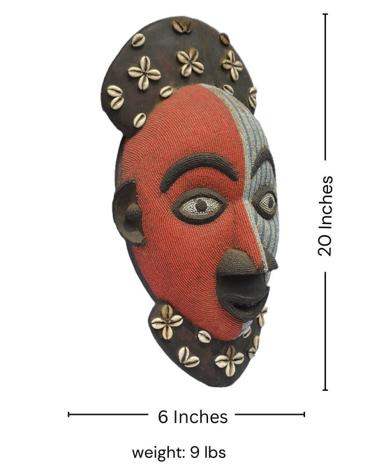 Beaded Luba Mask – Curved Wood Tribal Wall Decor – Painted African Sculpture Art