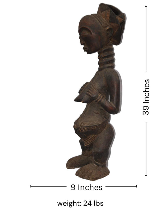 Luba Female Statue – Handcarved Wooden African Tribal Sculpture, Authentic Congo Art
