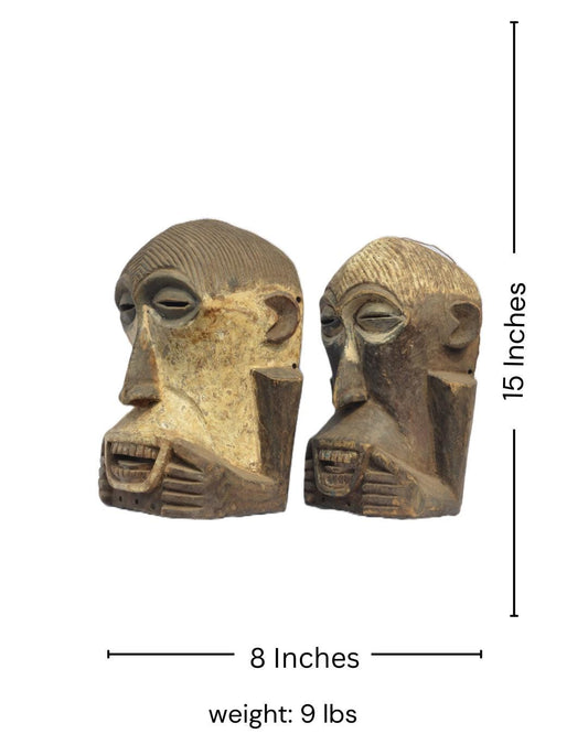 Pair of Soko Muntu Masks – Rare Songye African Wood Tribal Mask – Congo Art Set