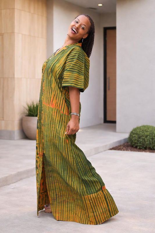 Green & Gold African Kaftan Maxi Dress with Pockets