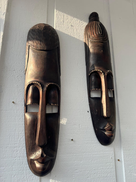 Rwandan King and Queen Tribal Masks, Hand-Carved Wood Wall Art Set, Housewarming Gift