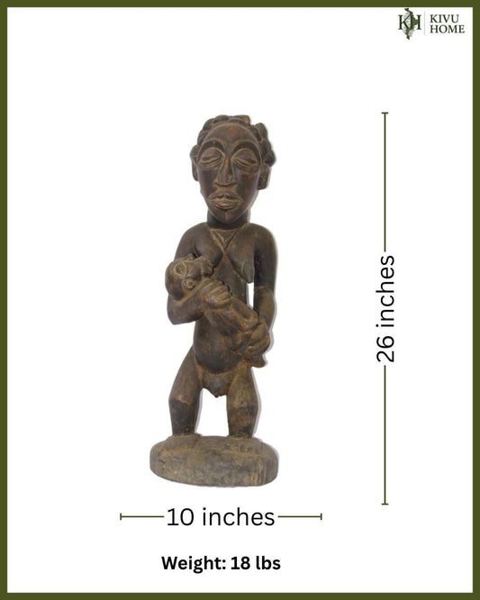 Luba Maternity Carving – Congo Wood Statue – Mother & Child African Art Decor