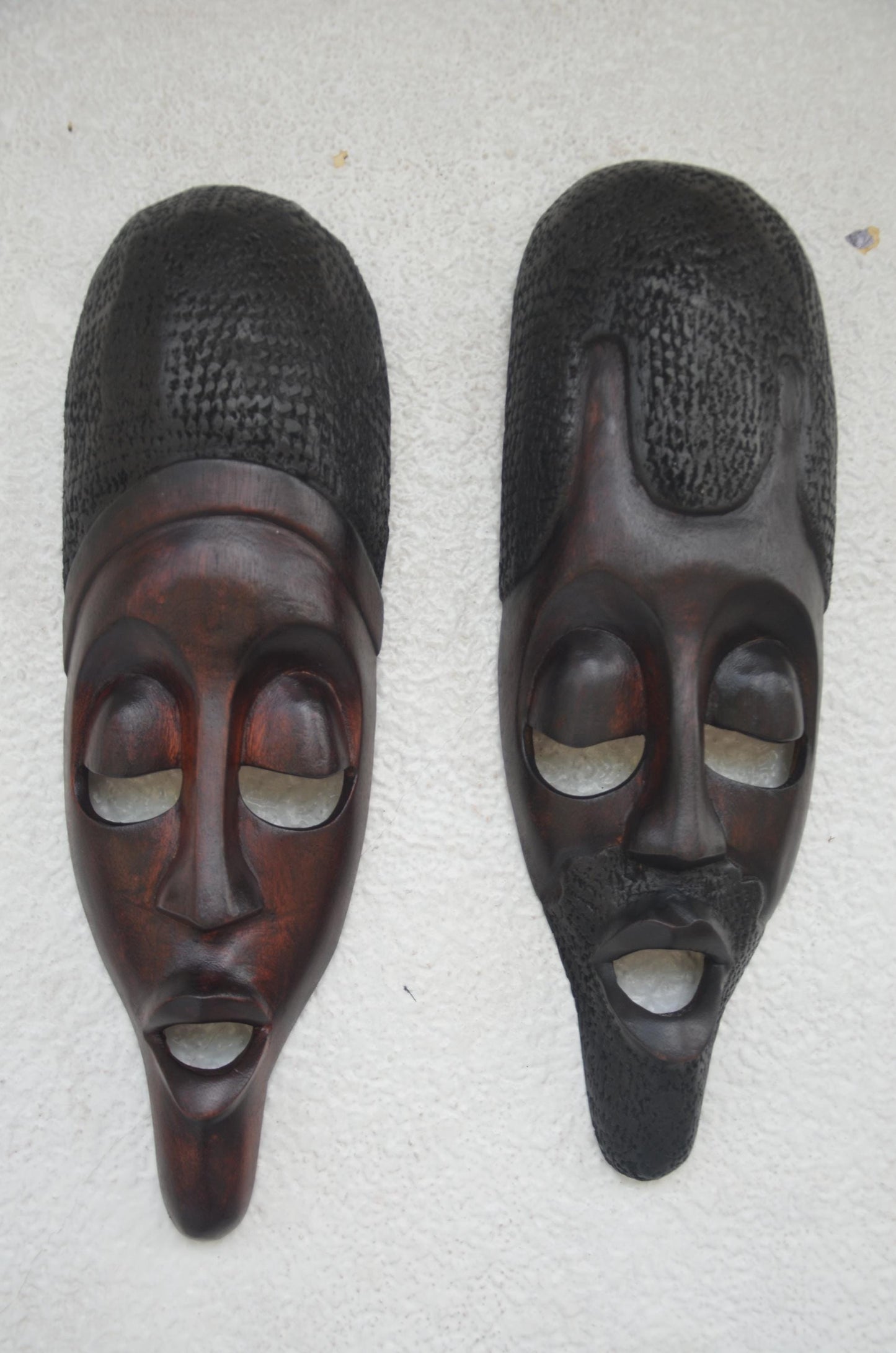 Basindi Mask Pair – 16" Rwanda Wood Wall Art – African Couple Face Mask Set