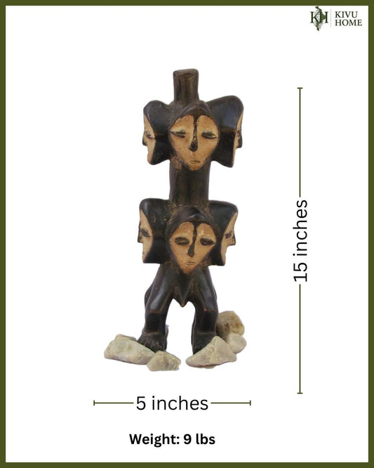 Lega Multiple Head Statue – Sakimatwematwe Wood Sculpture – Congo Ritual Art