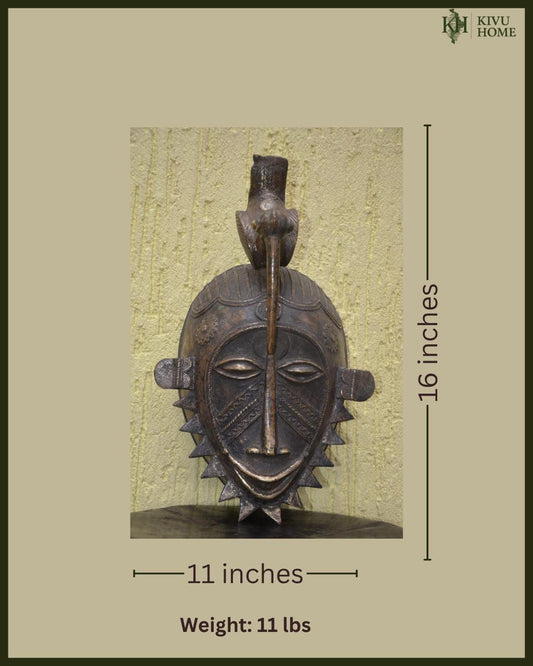 Cast Metal Senufo Kpelye Mask – 16" Ivory Coast Bronze Art – African Portrait Mask