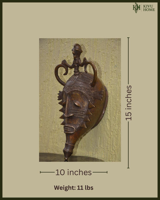Baule Goli Bronze Mask – 15" Ivory Coast Metal Art – African Buffalo Spirit