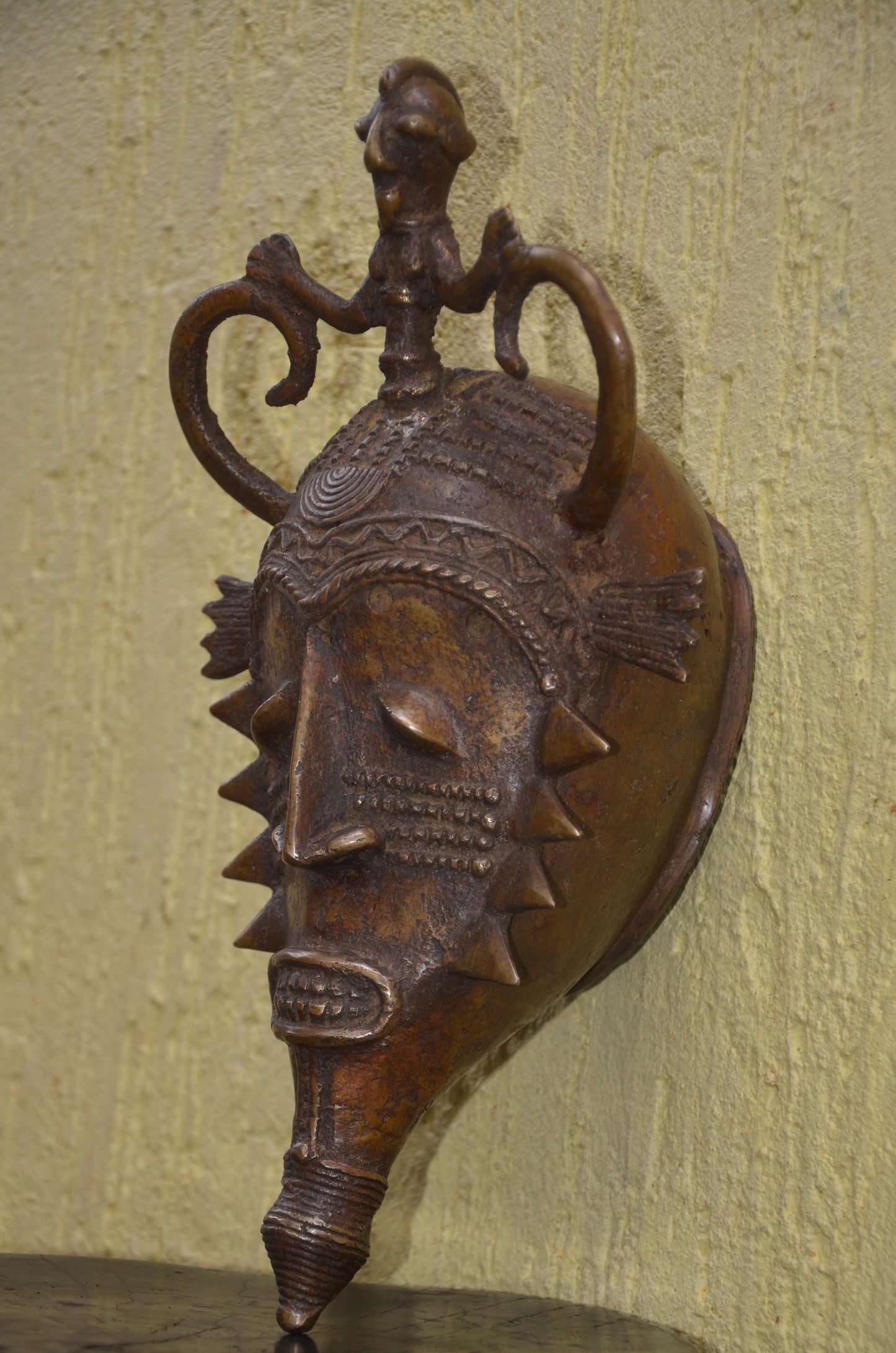 Baule Goli Bronze Mask – 15" Ivory Coast Metal Art – African Buffalo Spirit