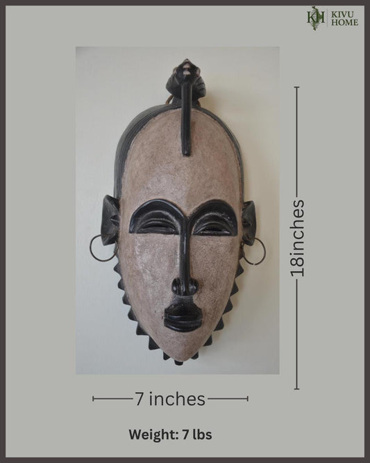 Baule Mblo Portrait Mask – Bird Crest & Earrings – Ivory Coast Tribal Wall Art