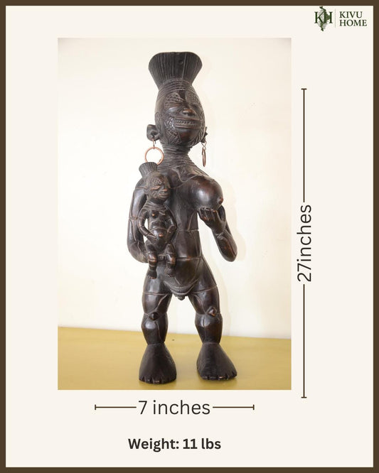Large Lulua Maternity Statue – 27" Mother & Child Wood Carving – Congo Art