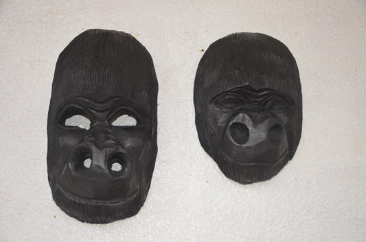 Rwandan Gorilla Couple – 16" Hand-Carved Wood Masks – African Wildlife Art