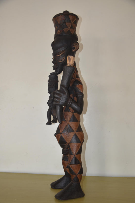 Large 39" Benelulua Maternity Figure – Hand-Carved Congo Wood – African Art