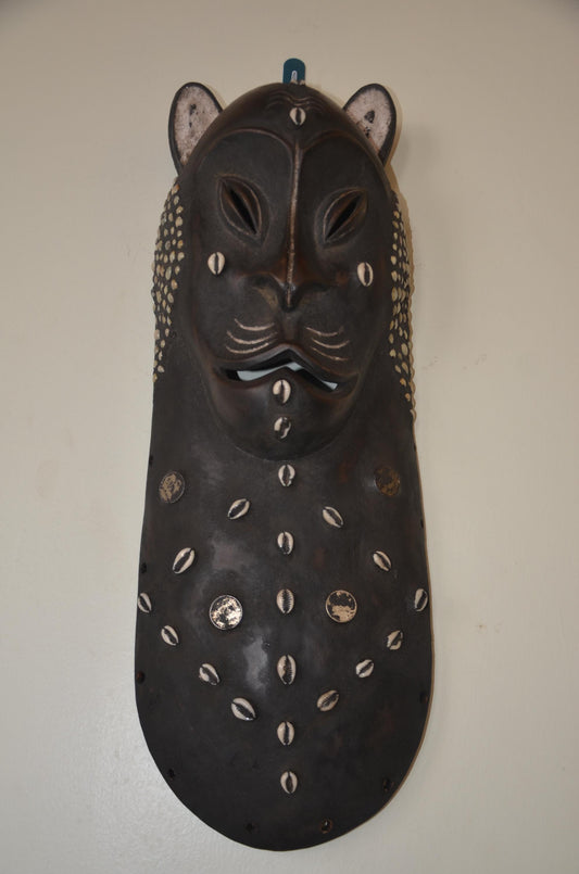 Edo Leopard Head Mask – 28" Hand-Carved Wood – Benin Kingdom African Art