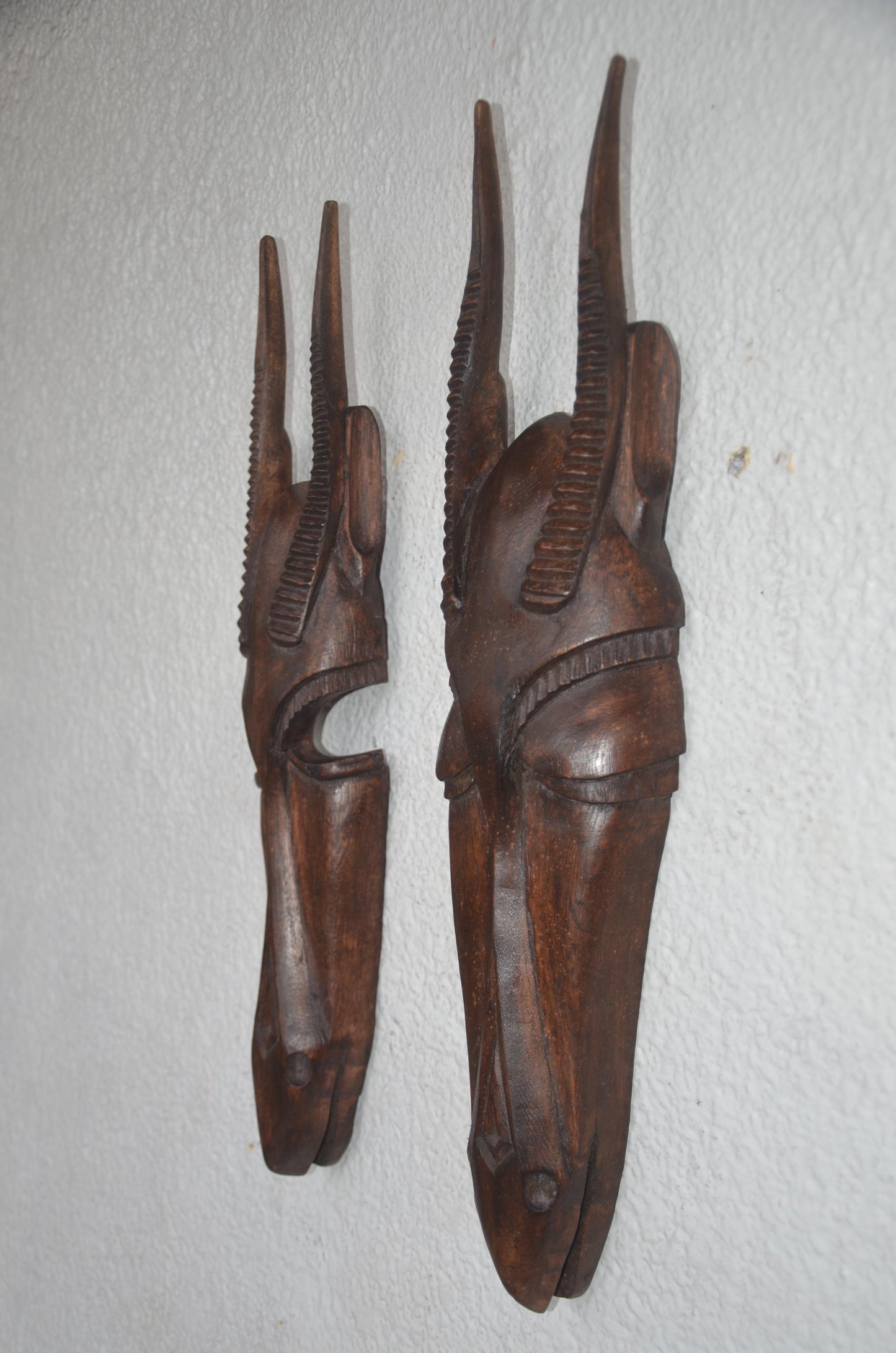 Antelope Couple Facemasks – 21" Hand-Carved Wood – African Tribal Wall Decor
