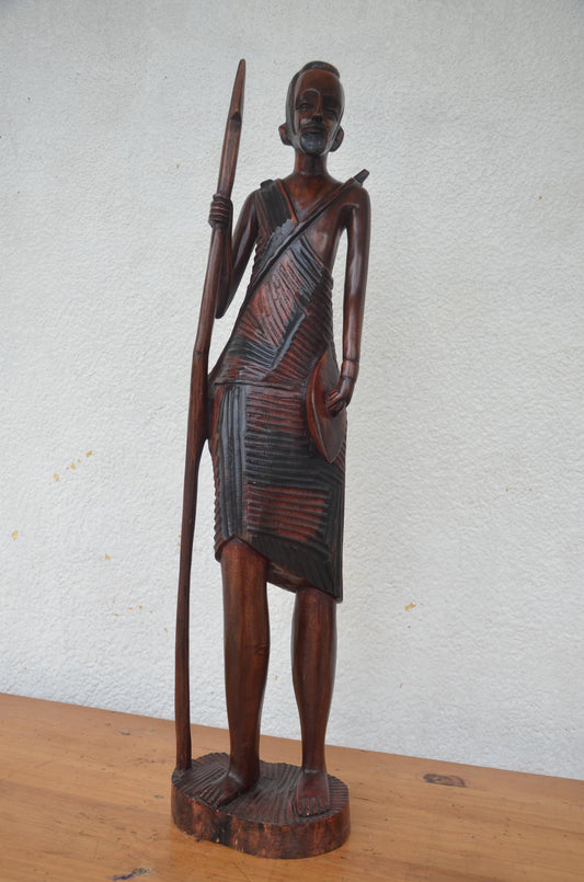 Basinga Fighter Statue – 33" Hand-Carved Wood – Rwandan Heritage Warrior Art