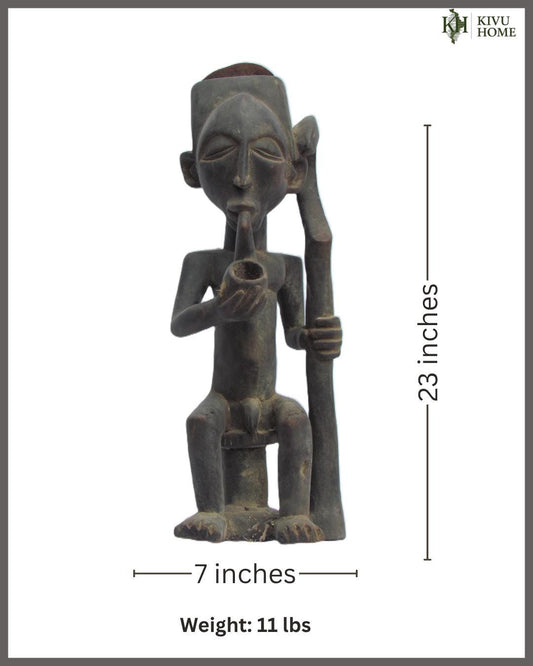 Vintage Lulua "Smoking Man" Mask – 23" Congo Wood Sculpture – African Tribal Art