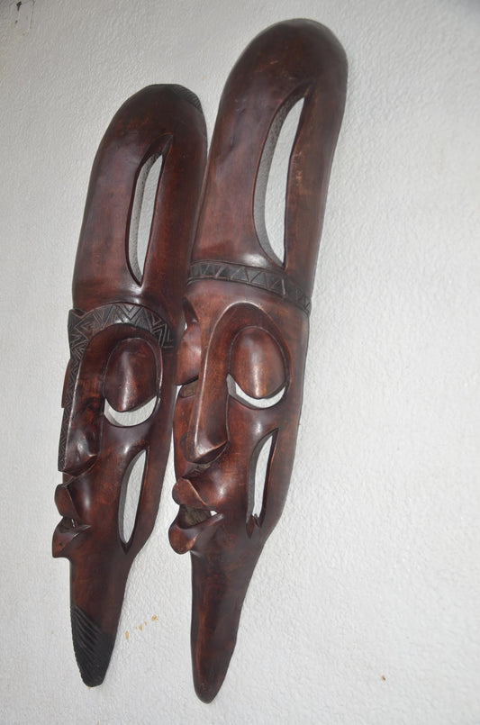 Large Babanda Masks (Pair) – 34" Congo Wood Wall Art – African Elongated Decor
