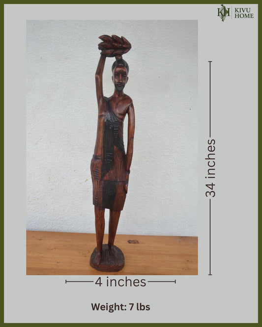 Hand Carved Basinga Worker – 34" African Wood Sculpture – Male Harvest Figure